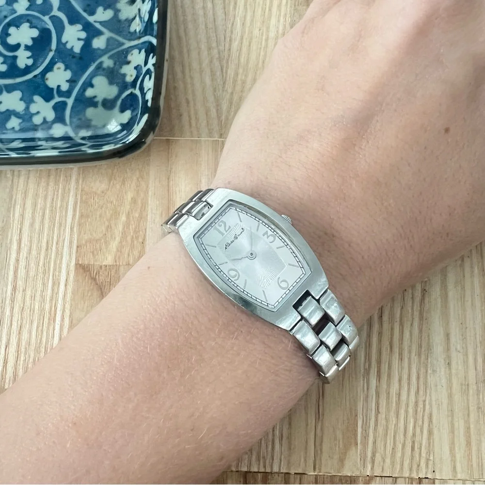 Eddie Bauer ladies rectangular silver tone bracelet watch NEW BATTERY